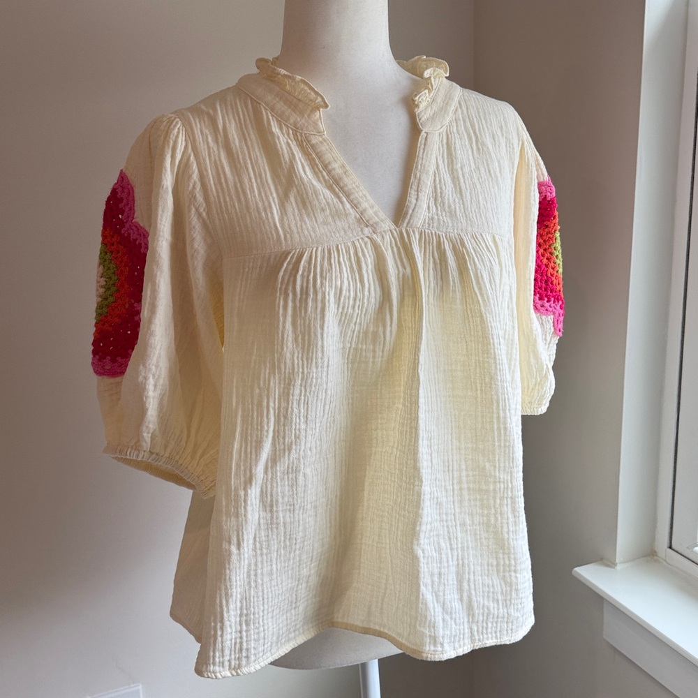 THML Cream Blouse with Pink and Orange Crochet Sleeves